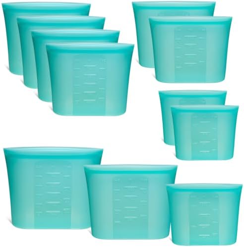 8-Pack Reusable Silicone Food Storage Bags, 100% Silicone Stand-Up Wide-Open Zip-Lock Reusable Storage Bags for Food, Freezer Microwave Oven Dishwasher Safe, Aqua, 4M 2S 2XS by SiliseaDirect