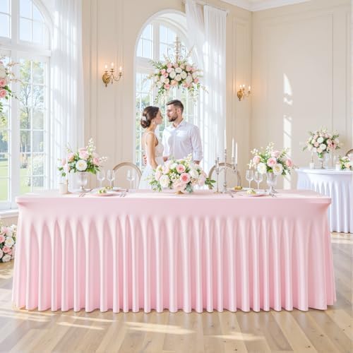 Besutolife 4 Pack Pink Spandex Tablecloth for 6ft Rectangle Tables Fitted Table Cloth Stretch Table Covers Skirt 6ft Rectangular Tablecloths for Banquet Parties Wedding Decorations - Image 3
