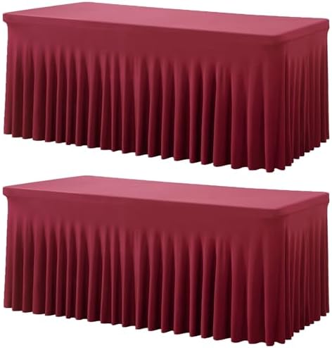 2 Pack Burgundy Spandex Table Clothes for 6 Foot Rectangle Tables, Wrinkle Free Fitted Table Cover 6ft Maroon Stretch Tablecloths with Skirt for Parties Weddings Birthday Banquet Baby Shower by Htper