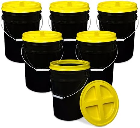 ePackageSupply 5 Gallon Bucket - Food Grade w/Lid BPA-Free, Black/Yellow, 6 | Airtight Gamma Seal Screw-On Lid, Heavy-Duty 90 Mil HDPE Plastic, Food Safe and Durable Container, Bulk Storage, Made in USA by ePackageSupply