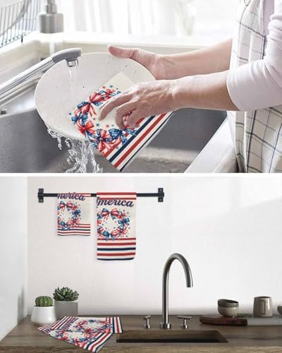 Independence Day Dish Towels Set, Waffle Weave Kitchen Towels 2 Pieces, Patriotic USA Flag Bow Wreath Striped Microfiber Hair Face Bath Tea Towel Absorbent Quick Drying Cleaning Dish Cloths, 12"x12" - Image 6