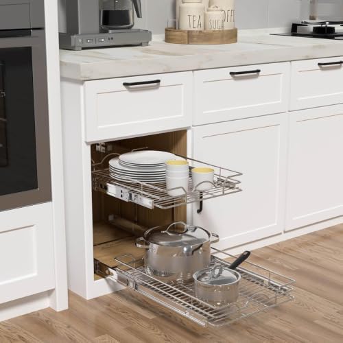 OCG 2 Tier Pull Out Cabinet Organizer (12.5" W x 21" D), Pull Out Drawers for Kitchen Cabinets, Pull Out Shelves for Base Cabinet Organization in Kitchen Bathroom Pantry, Chrome Finish - Image 3