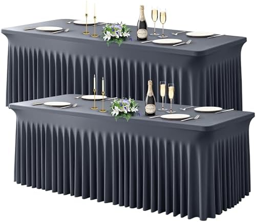 Wish Care 2 Pack Gray Spandex Table Clothes for 6 Foot Rectangle Tables, 6FT Wrinkle Free Fitted Tablecloths Ruffles Design Table Cover for Party, Banquet, Wedding and Events by WishCare