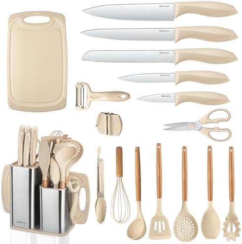 RAXCO Cooking Utensils Set,18-Piece Kitchen Utensils and Knife Set,Khiki | Food-grade Silicone Utensils Heat-resistant to 410°F,5-Piece Stainless Steel Kitchen Knife with Sharpener and Cutting Board by RAXCO