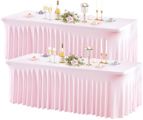 Wish Care 2 Pack Pink Spandex Table Clothes for 6 Foot Rectangle Tables, 6FT Wrinkle Free Fitted Tablecloths Ruffles Design Table Cover for Party, Banquet, Wedding and Events by WishCare