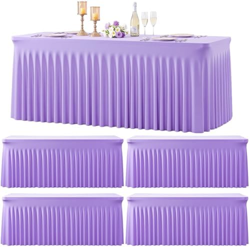 Suppromo 4 Pack 8ft Lavender Spandex Table Cloths for Rectangle Tables Wrinkle Free Light Purple Rectangle Tablecloths Stretch Fitted Table Cover for Birthday Party Wedding Banquet Baby Shower Buffet by Suppromo