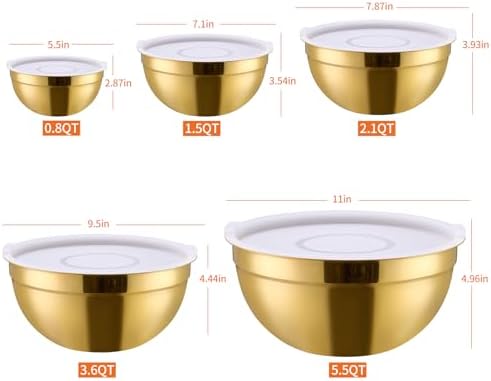 Gold Mixing Bowls With Airtight Lids,Stainless Steel Bowl,Salad Bowls 5 Piece Colorful Nesting Bowl Gold Kitchen Accessories,Size 5.5,3.6,2.7,2.1,1.5QT Stackable Design - Image 2