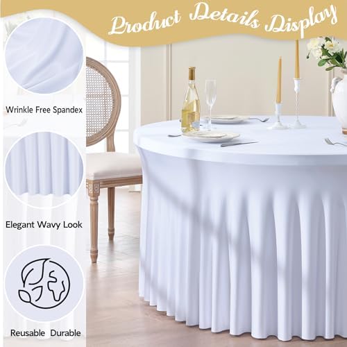 Outpain 2 Pack White Round Spandex Tablecloths for 60in Tables, 120Inch Stretchy Fitted 5FT Round Table Clothes,Wrinkle Free Table Cover with Skirt for Wedding Party Banquet Baby Shower - Image 2