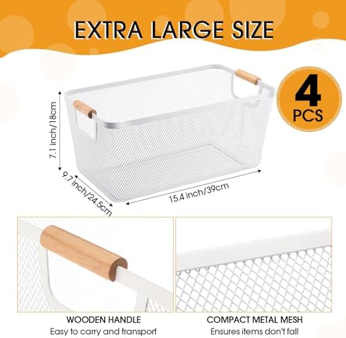 Ziliny 4 Pcs Mesh Wire Baskets for Organizing, Extra Large, Cream White | Metal Pantry Organizers with Wooden Handles, Storage Steel Bin, Kitchen Baskets for Fruit Potato Onion Snacks Bath Cabinet - Image 2