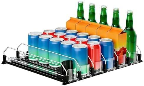 6 Rows Black Drink Organizer for Fridge, 3rd Gen Refrigerator Organizers and Storage, Automatic Pusher Glide and Adjustable Width Can Organizer for Refrigerator - Holds up to 30 Cans by KuukikvDirect