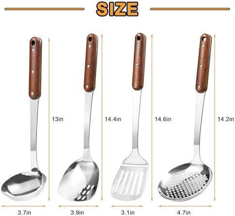 FJNATINH Stainless Steel Wok Spatula,Slotted Spatulas,Ladle,Skimmer Ladle Tool Set,Mirror Polished Cooking Utensils Kitchen Cookware, Pack of 4,Sliver - Image 3
