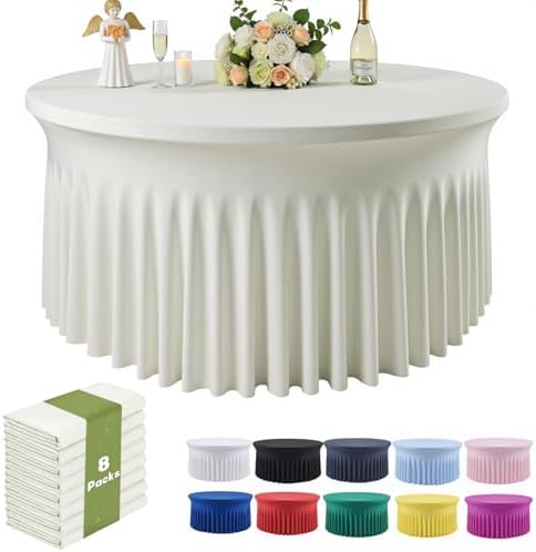 Outpain 8 Pack Spandex Ivory Round Tablecloths for 60in Tables, 120Inch Stretchy Fitted 5FT Round Table Clothes,Wrinkle Free Table Cover with Skirt for Wedding Party Dining Banquet by Outpain