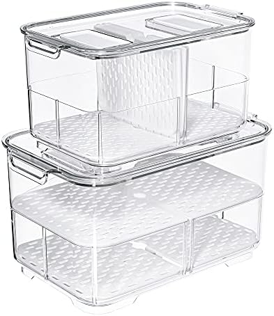 SANNO Vegetable Fruit Containers Fridge Food Storage Produce Saver Container Stackable Refrigerator Freezer Organizer Fresh Keeper Drawers Organizer set of 2 by SANNO