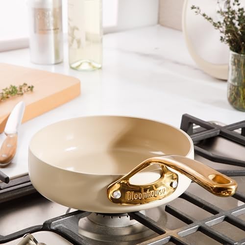 Bloomhouse - Two Time Oprah's Favorite Things Winner - 8 Inch Heavy Duty Aluminum Premium PFA Free Ceramic Nonstick Saute/Deep Frying Pan Skillet - Almond Cream w/Gold Handle - Image 2
