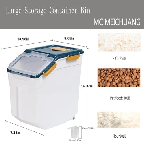 Large Flour Storage Container Bin 25lb, 2Pack Airtight Rice Storage Containers with Measuring Cup&Scoop, BPA Free with Wheels Seal Locking Lid for Flour, Rice, Grain (50LBS Total, Blue) - Image 4