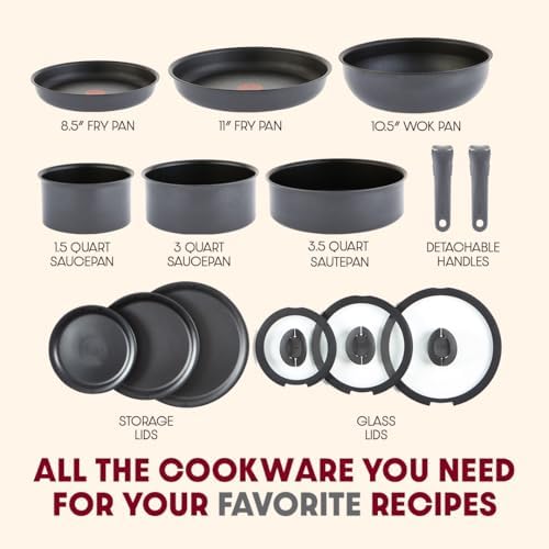 T-fal Ingenio Expertise Non Stick Cookware Set 14 Piece, Induction, Oven Broiler Safe 500F, Detachable/Removable Handle, Kitchen, Cookware, Pots and Pans, RV, Camping, Fry Pans, Dishwasher Safe, Gray - Image 2