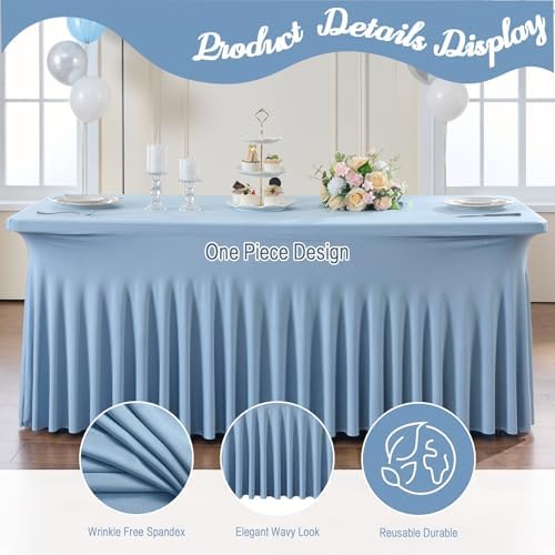 4 Pack Dusty Blue Spandex Fitted Tablecloths for 6 Foot Rectangle Tables, Dusty Blue Stretch Table Cloth with Table Skirt, Wrinkle Free Spandex Table Covers 6ft for Parties, Weddings, Trade Shows - Image 4
