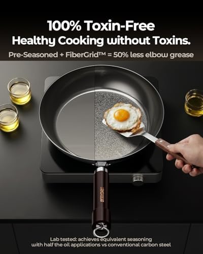 2-Piece Auto-Seasoning Carbon Steel Pan Set 10 & 12 Inch, Deep Nitrided Skillets Professional Cookware Bundle, Pre-seasoned, Wooden Handle, PFAS & PFOA-Free - Image 5