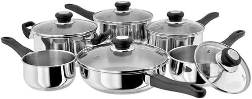 Judge Vista Set of 6 Stainless Steel Pans, 20cm Casserole, 24cm Saute Pan, 16cm, 18cm & 20cm Saucepans with shatterproof Vented Glass Lids, 14cm Milk Pan, Induction Ready, Oven Safe by Judge