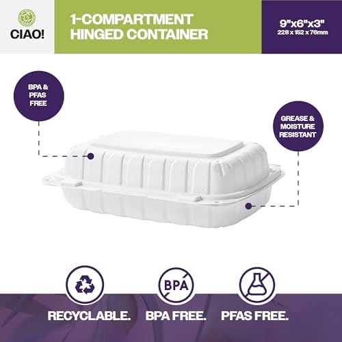CIAO! 9"x6"x3" MFPP White Hinged Container With Lid 1 Compartment (Case of 200) - Image 2
