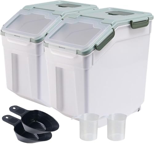2 Pack Large Flour Storage Container 50 lb Airtight Rice Storage Container with Lid, Wheels, Measuring Cup, Scoop, Plastic Flour Sugar Bin Organizer for Grain Cereal, Rice Dispenser (Green) by Mairuker