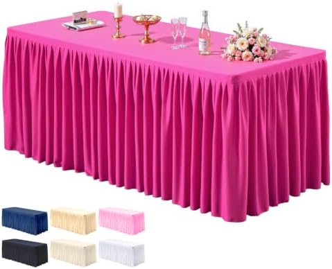 PARTISKY 1 Pack Hot Pink Tablecloths for Rectangle Tables 4ft, Wrinkle Resistant Spandex Table Cover Fitted Stretch Table Cloth with Pleated Ruffle Skirts for Party Banquet Dining Birthday Wedding by Partisky