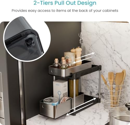 Home Zone Living 2-Tier Stainless Steel Cabinet Pull Out Organizer for Kitchen and Bathroom Storage - Image 2