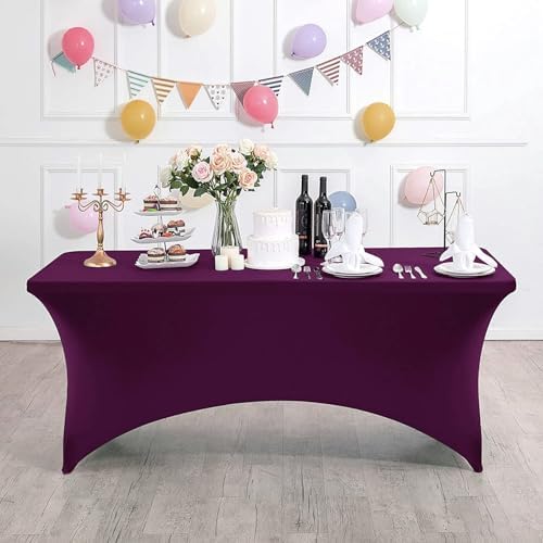 MDS® Pack of 2 Spandex Tablecloth 8FT Tight Fitted Stretch Table Cover – Washable Wrinkle-Free Reusable Elastic Patio Tablecloth for Wedding, Party, Banquet, Trade Show, Event Décor - Eggplant - Image 2