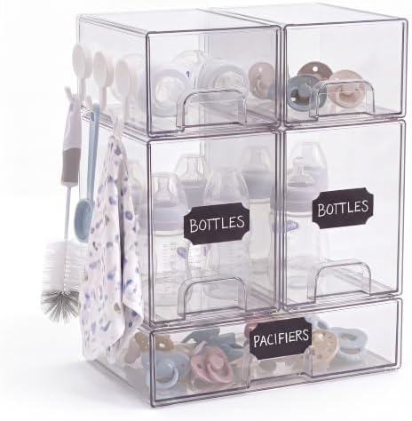 5 pack baby bottle storage organizer - clear acrylic stackable storage drawers with handles for baby bottles, kitchen countertop, pantry and vanity by Unknown