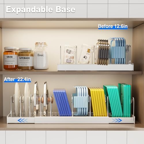 Mustorn 2 Pack Pots and Pans Organizer Under Cabinet, 22" Expandable Food Storage Container Lid Organizers with 9 Adjustable Dividers Pot and Pan Lid Holders Rack Inside Cabinet/Countertop(White) - Image 4