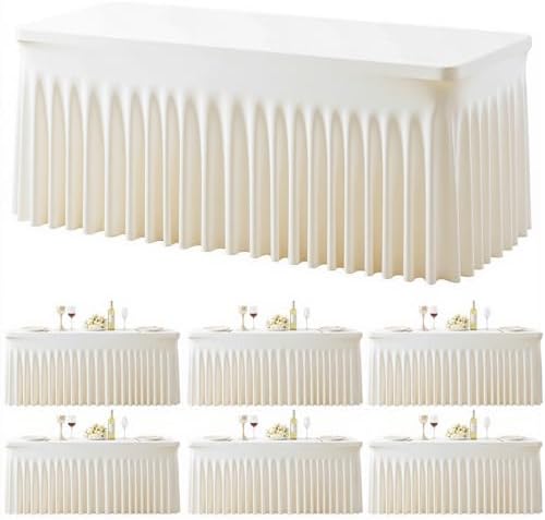 6 Pack Ivory Table Cloth for 8 Foot Rectangle Tables Spandex Fitted Tablecloth 8ft Stretch Table Covers Skirt Ivory Banquet Tablecloths Wrinkle Free Tablecloth for Party Wedding Birthday Event by Tao-GePartyDecorations