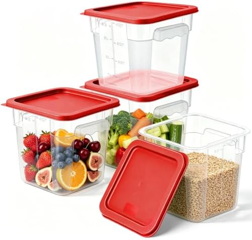 4Pack - 4QT Food Storage Containers with Lids & Handles, Polycarbonate Clear Airtight Food Container with Scale Marks for Bread Proofing, Flour, Commercial Grade, Restaurant & Kitchen, Square, Red by FIRMDKWEED