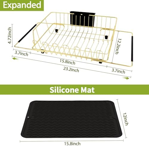 Dish Drying Rack-Large Stainless Steel Dish Drainer Over The Sink for Kitchen Countertop with Utensil Holder and Silicone Drying Mat(Gold, in Sink, 24.2'*13.2') - Image 2