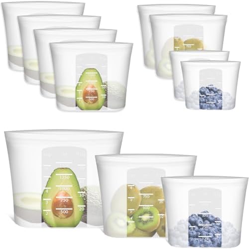 Reusable Storage Bag, 8 Pack 100% Silicone Food Storage Bags Stand Up Silicone Zip Lock Bags for Food Container, Freezer Microwave Oven Dishwasher Safe, 4 Medium 2 Small 2 Extra Small, Translucent by Annaklin