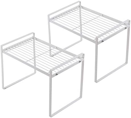 Shantton 2pk Kitchen Cabinet Shelf Counter Organizer Rack Pantry Storage Bathroom Bedroom Office Table Desk Space Saving Steel Frame Stackable Rust Resistant Non Slip White-Tall- L13in W8.3in H9.5in | 2-Pack Stackable Metal Riser Holds 40LBS with Non-S... by Shantton
