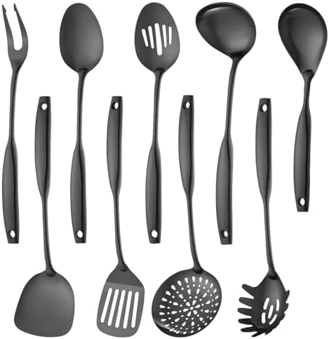 Lazycorner Kitchen Utensil Set 9-Piece Stainless Steel 304 Polished Mirror Finish Cooking Spoons, Slotted Spoon, Turner, Spatula, Pasta Spoon– Dishwasher Safe, Rust-Resistant by Lazycorner