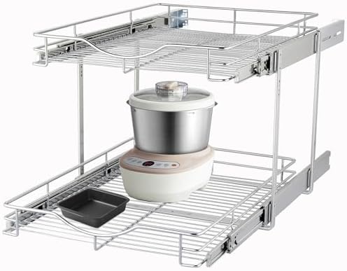 DINDON 2 Tier Pull Out Cabinet Organizer (20" W X 18" D), Double Tier Wire Basket Slide Out Shelf Storage for Kitchen Base Cabinet Organization ​for Kitchen, Pantry, Bathroom, Chrome by DINDON