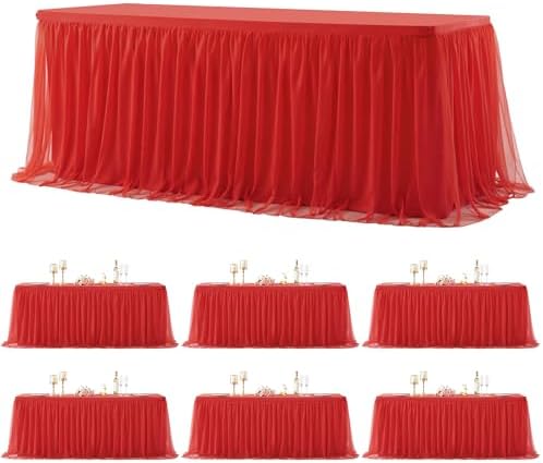Suppromo 6 Pack 8ft Red Tulle Tablecloths for Rectangle Tables 8 Foot Red Rectangular Table Cloth Wrinkle Free Tablecover with Tutu Skirt for Baby Shower Wedding Birthday Party Banquet Buffet Cake by Suppromo