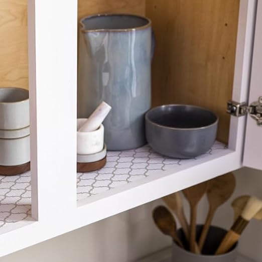 Duck Brand EasyLiner Smooth Top Shelf Liner - Non Adhesive Shelf Liner for Cabinets, Drawers, Pantry, Bathroom, Kitchen - Taupe Quatrefoil, 12 in. x 10 ft. Roll, 3 Rolls - Image 3