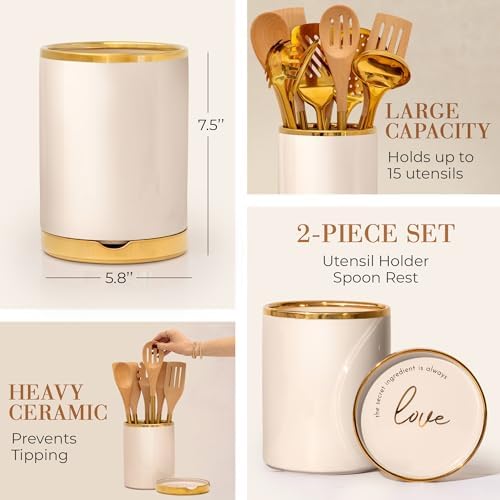 STYLED SETTINGS Beige Utensil holder, Beige & Gold | Ceramic, Cooking Utensil Storage & Gold Spoon Rest, Kitchen Organization & Farmhouse Décor - Image 3
