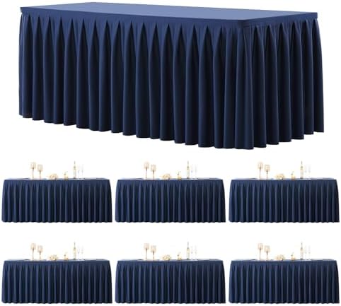 6 Pack Navy Blue Rectangle Tablecloth 8 FT Stretch Spandex Fitted Table Cloth for 8 Foot Rectangle Tables Banquet Tablecloths Wrinkle Free Table Cover Skirt Ruffle Tablecloth for Party Wedding by Tao-GePartyDecorations