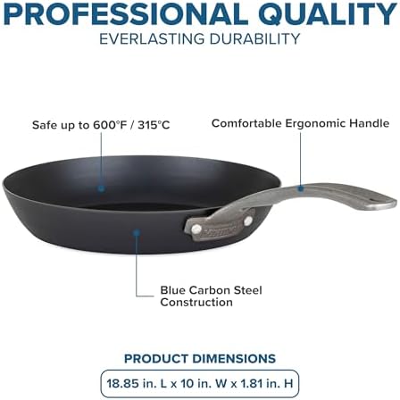 Viking Blue Carbon Steel Frying Pan, 10 Inch Kitchen Cookware, Black - Image 4