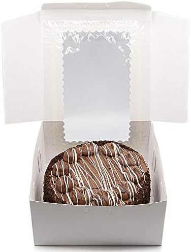 Made in USA 8" X 8" X 4" Recycled White Kraft Cake Box with Scalloped Window & 8" Round Cake Boards (Pack of 10 – Front Loading) - Image 5