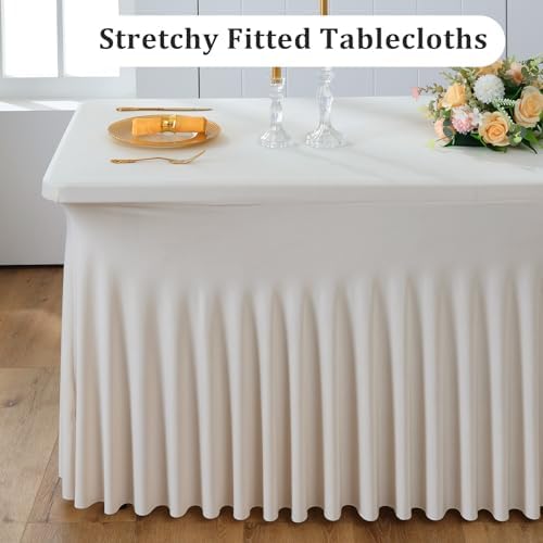 2 Pack Beige Spandex Table Clothes for 8 Foot Rectangle Tables, Wrinkle Free Fitted Table Cover 8ft Stretch Tablecloths Desk Skirt for Parties Weddings Birthday Banquet Baby Shower - Image 2