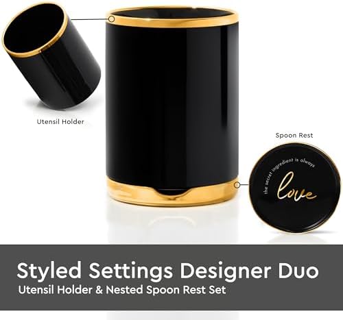 STYLED SETTINGS Black and Gold Utensil Holder with Built-in Spoon Rest | 2-Piece Black and Gold Spatula Holder, Kitchen Accessory, Utensils Not Included - Image 2