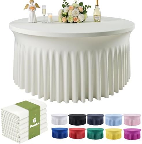 Outpain 6 Pack Spandex Ivory Round Tablecloths for 60in Tables, 120Inch Stretchy Fitted 5FT Round Table Clothes,Wrinkle Free Table Cover with Skirt for Wedding Party Dining Banquet by Outpain