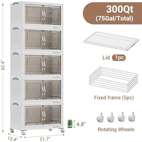 BROVIEW 300Qt Stackable Storage Bins with Lid, Extra Large Closet Organizer Collapsible Drawer Boxes with Wheels, Folding Plastic Cabinet Containers for Home Kitchen Room Organization, 5Pack White - Image 2