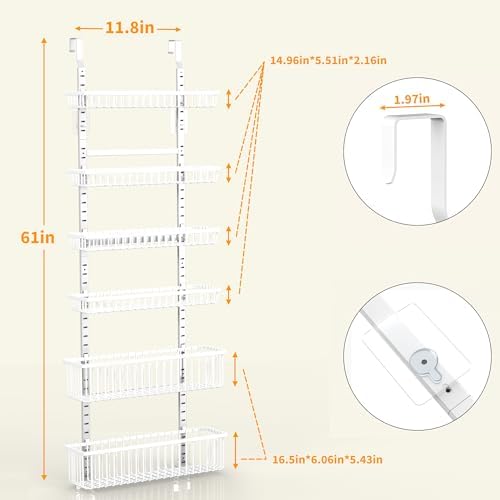 Moforoco Adjustable Over the Door Organizer, Metal Hanging Door Organizer with 5 Wire Basket 7 Hooks, Wall Mounted Shelf for Pantry Laundry Organization and Storage, White - Image 3