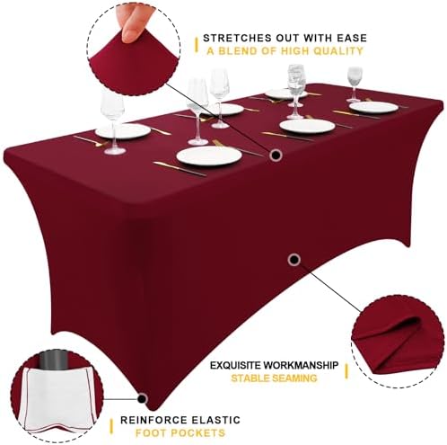 Smiry 2 Pack Spandex Table Cloth 6FT, Elastic Fitted Wine Red Tablecloth - Image 2