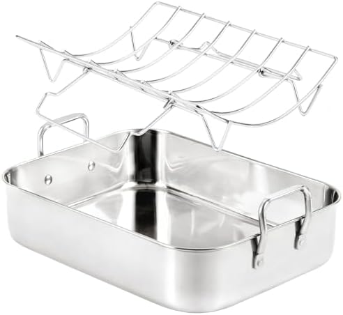 QPMR 16.5inch Roasting Pan with V-Shape Rack - Stainless Steel Large Turkey Roaster Pan for Turkey, Chicken, Ham Roaster with V-Shaped Baking Rack Heavy Duty Dishwasher Safe, Hold up to 22LB by Unknown